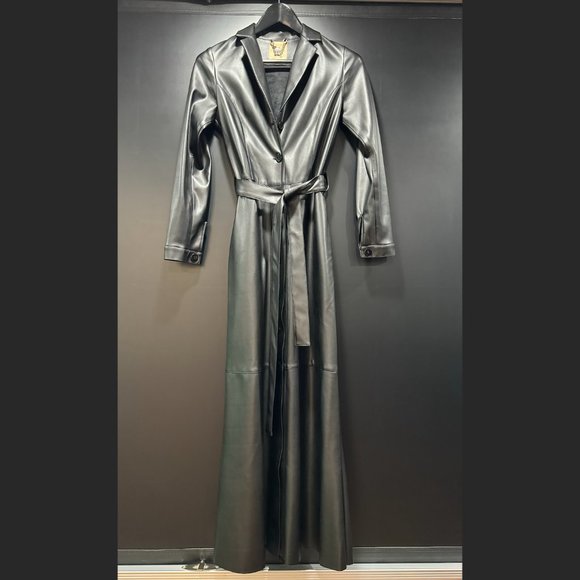 Julia Allert Long button-up Trench/ Raincoat Eco-Leather Black - Picture 1 of 9